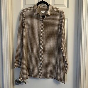 J Jill tan and white button down gingham tunic side vents mother of pearl XS
